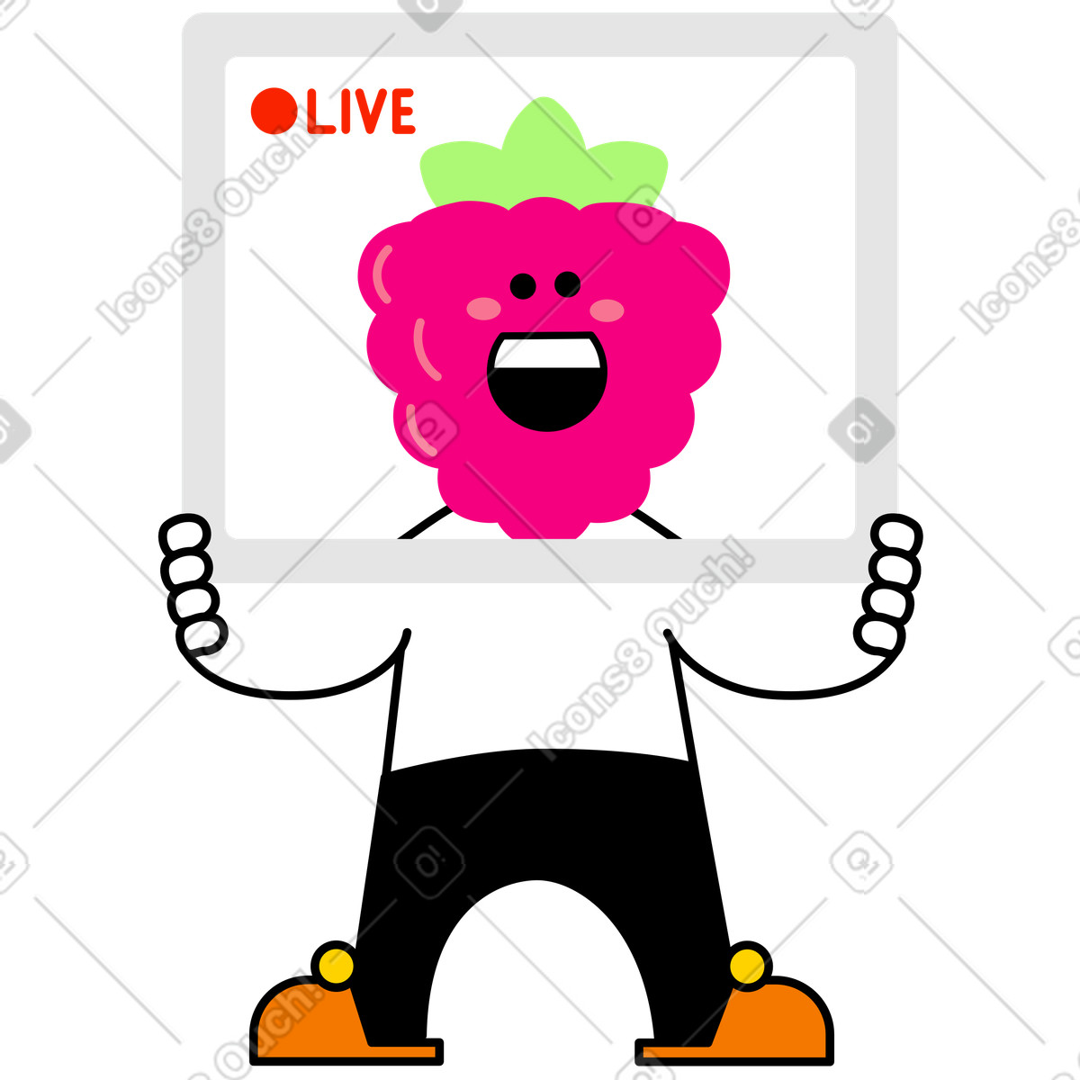 Illustration Diffusion en direct du personnage de raspberry head dans le style Giggle à télécharger aux formats PNG, SVG