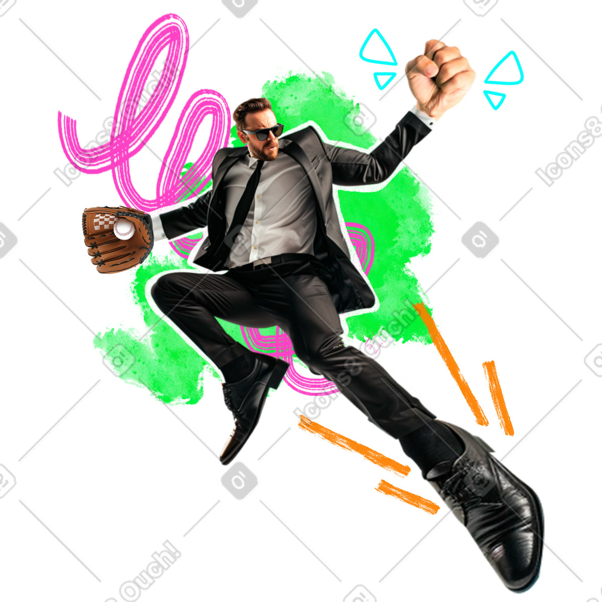 Illustration Homme d'affaires dans un costume noir et des lunettes de soleil le style Energy à télécharger aux formats PNG, SVG