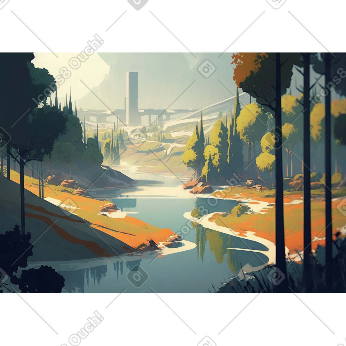 Retrofuturistic building surrounded by forest and lake background illustration in Experimental style download in PNG, SVG