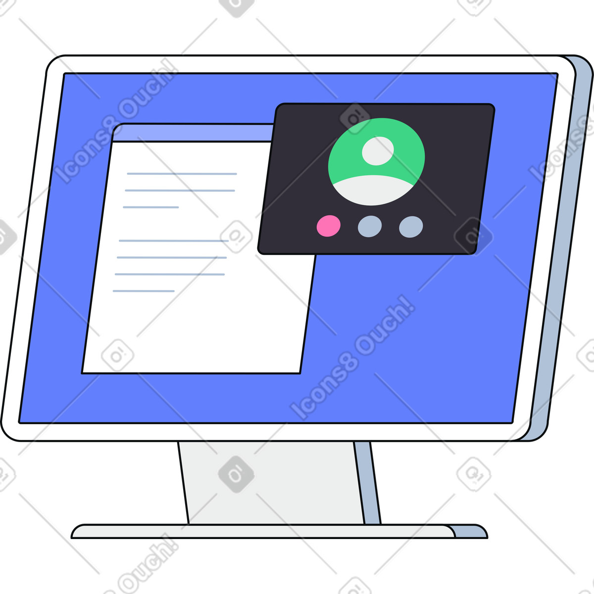 Desktop screen with video call overlay illustration in Teko style download in PNG, SVG