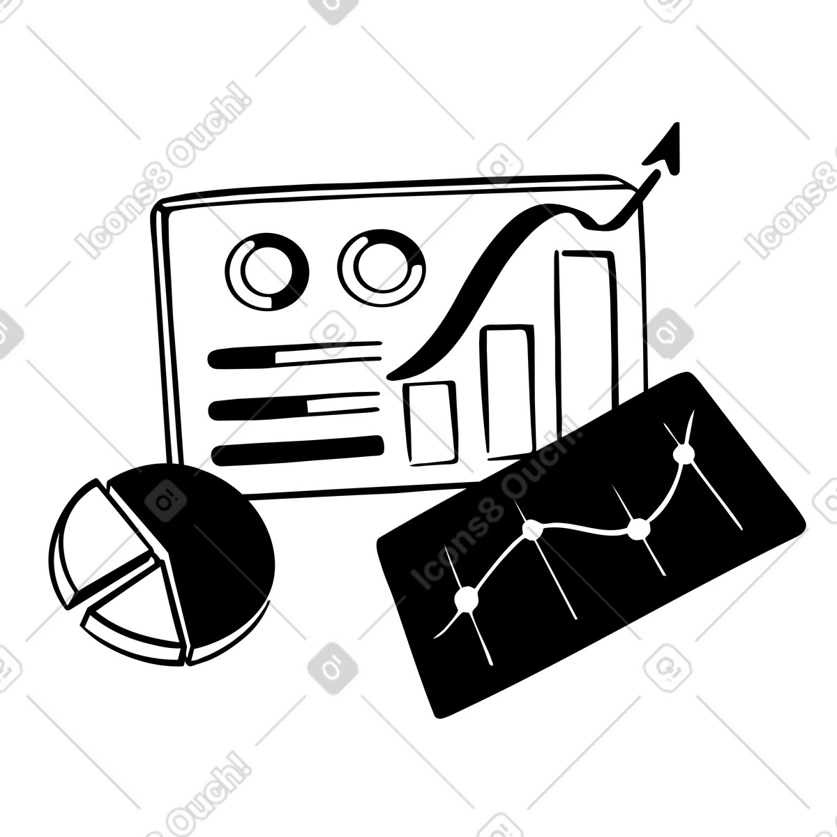 Business performance dashboard with pie charts and growth arrow illustration in Line style download in PNG, SVG