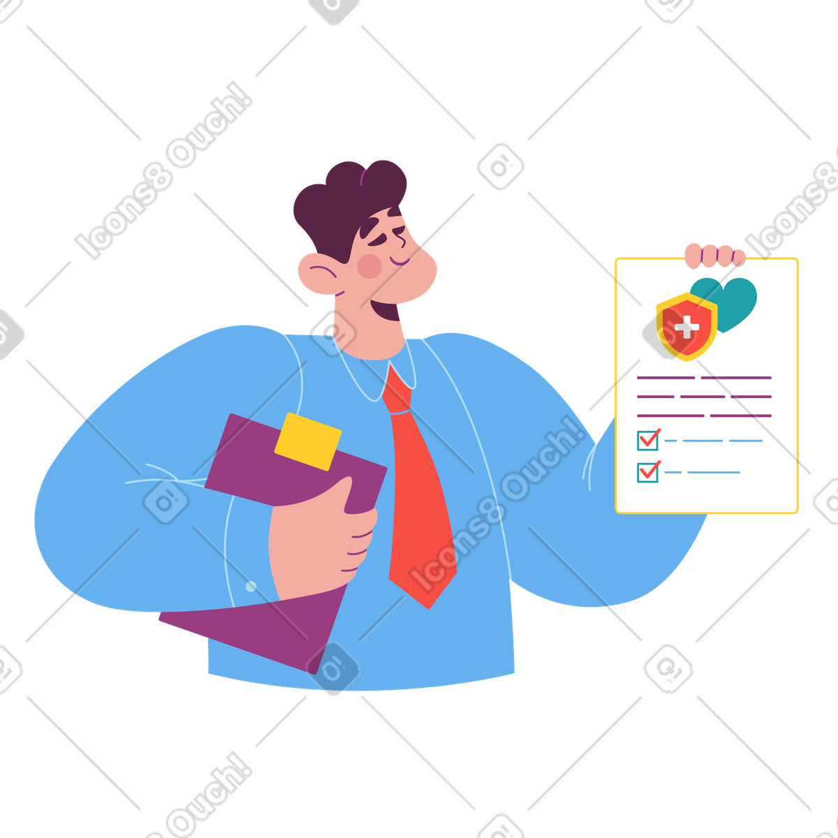 Ilustración Agente de ventas seguros que posee una póliza seguro médico en estilo Sammy a descargar en PNG y SVG