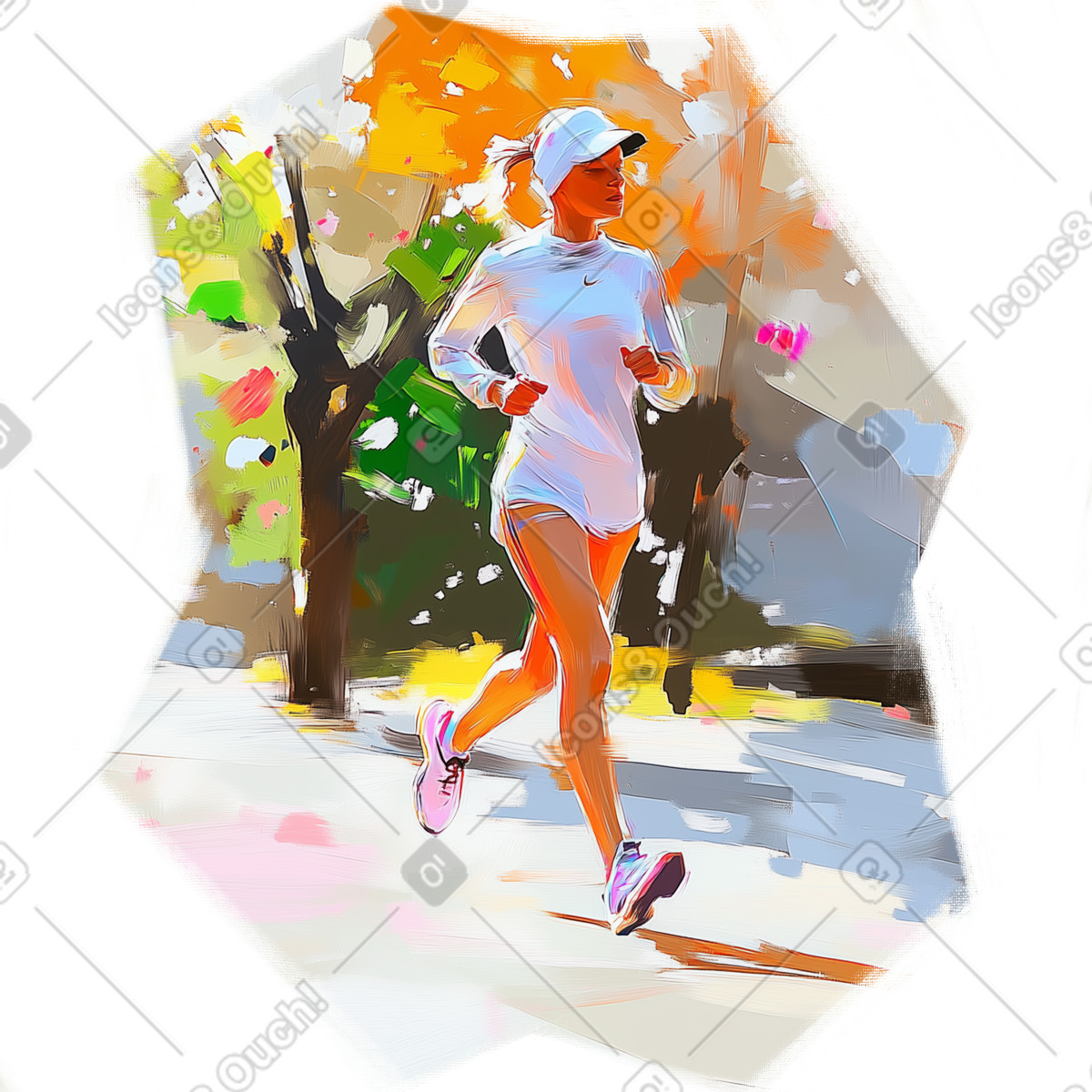 Illustration Peinture à l'huile d'une athlète féminine courant dans un parc le style Pictorial télécharger aux formats PNG, SVG