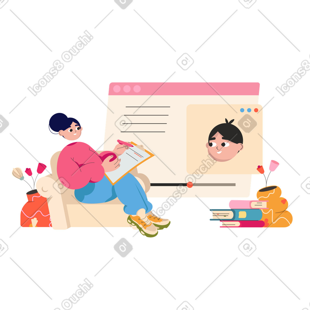 Girl sitting in a chair with notepad and watching video lecture illustration Dizzy style download PNG, SVG