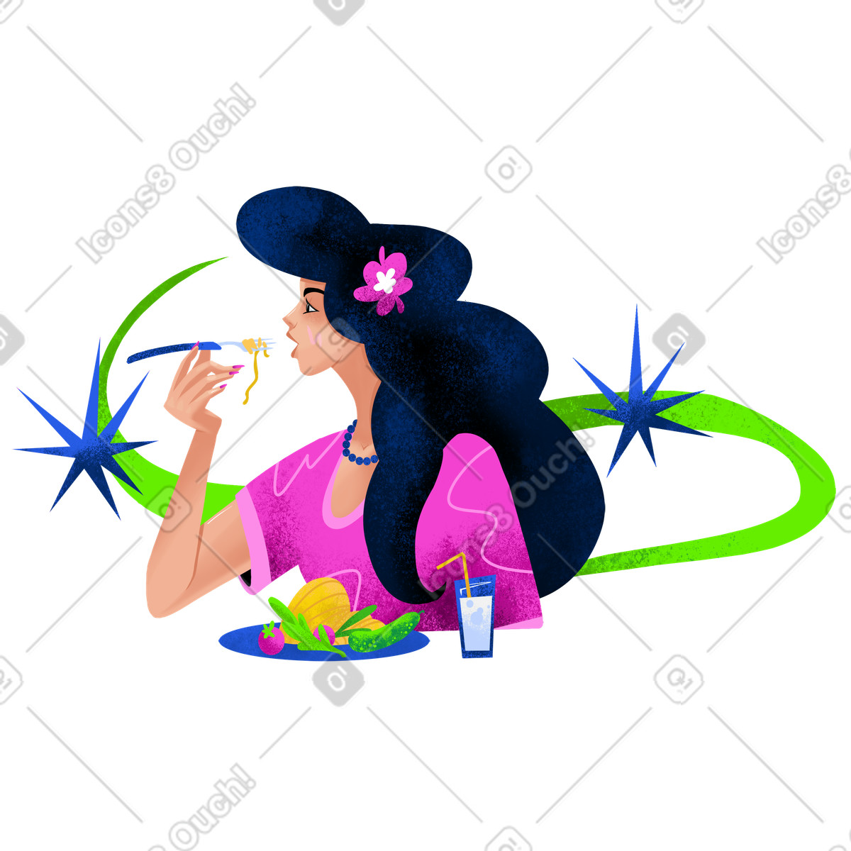 Donna che mangia pasta illustrazione in stile Flare scarica in PNG, SVG