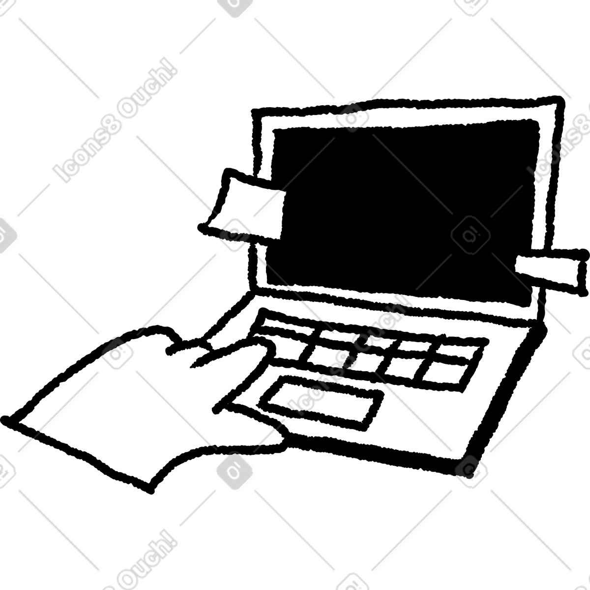 Illustration Laptop keyboard with hand typing and blank screen for copyspace dans le style Black Chalk à télécharger aux formats PNG, SVG