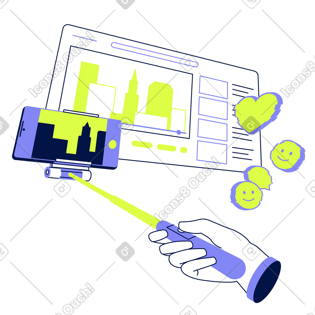 Smartphone capturing city panorama, Mobile live streaming and exploration-Illustration im Glow-Stil als Download in PNG, SVG