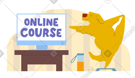 Texte du cours en ligne sur l'ordinateur et le chien fait un exercice PNG, SVG