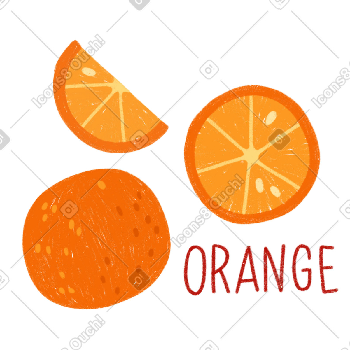 Ilustración Naranja, media rodaja de naranja y letras. en estilo Cozy a descargar en PNG SVG