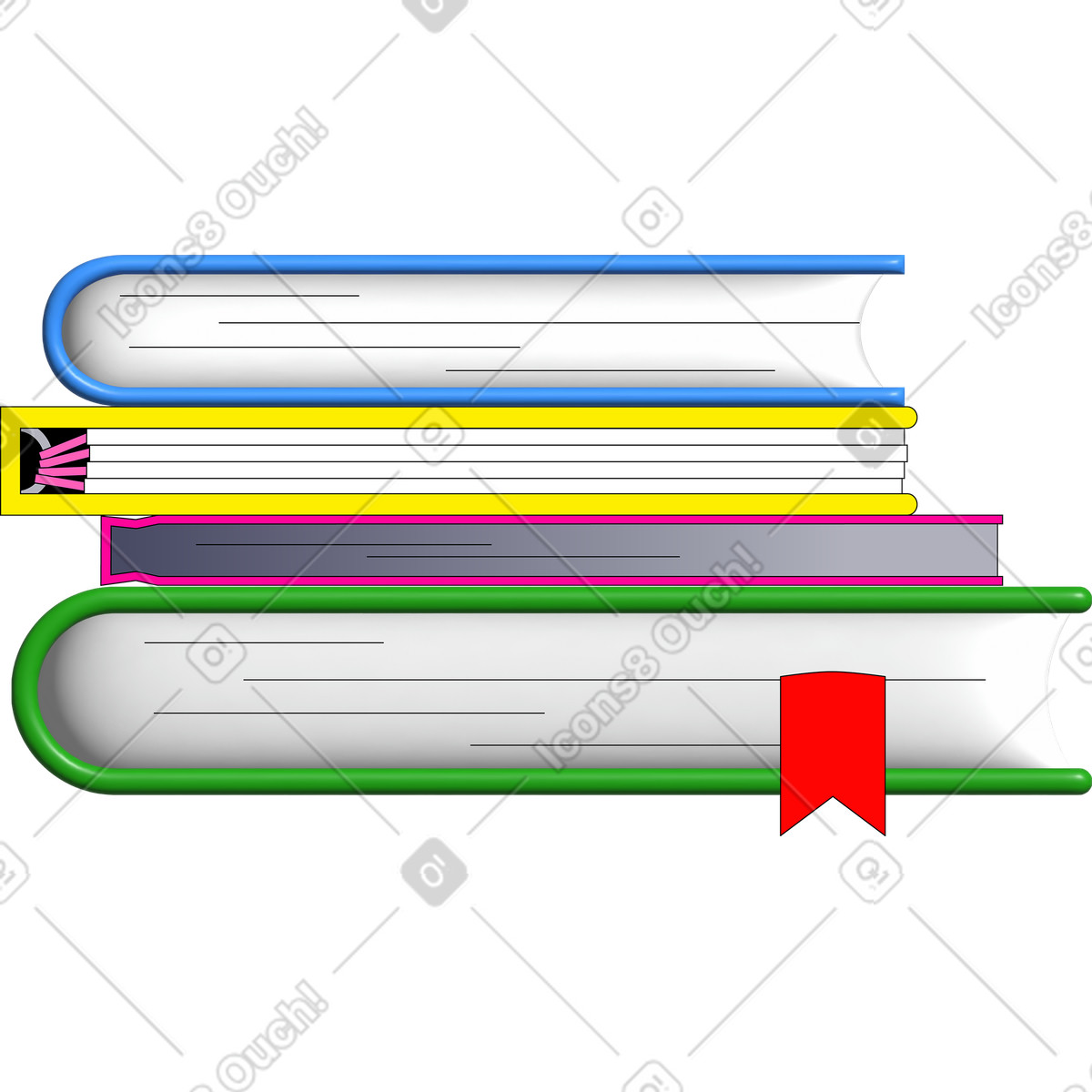 Books tower clipart illustration featuring mixed sizes and bindings PNG GIF