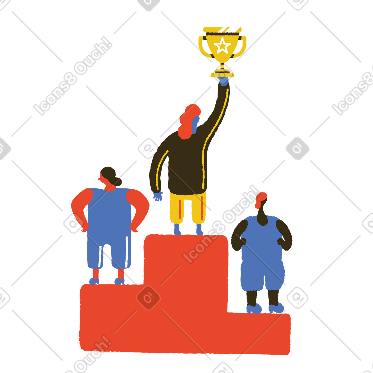 Ilustração de Atletas no pódio e vencedor segurando troféu em estilo Bermuda para baixar em PNG, SVG