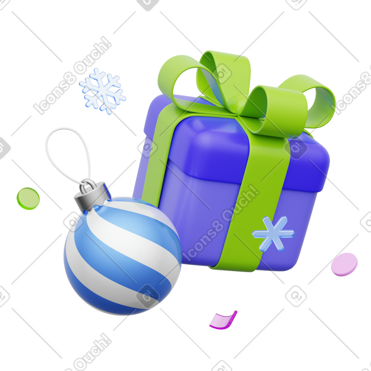 Ilustração de Caixa presente com fita verde e bola decorativa, natal celebração inverno. em no estilo 3D Playful para baixar em PNG, SVG