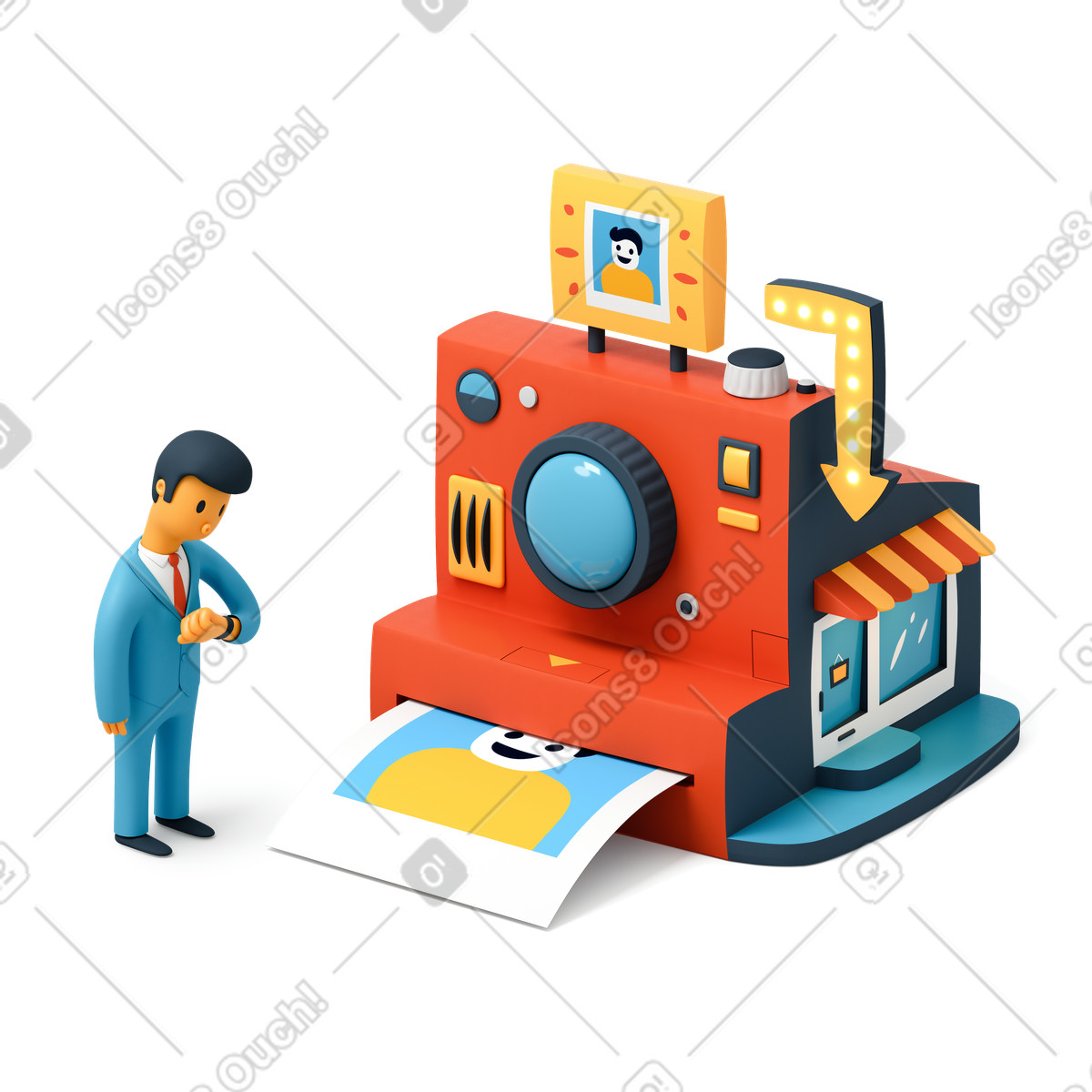 Man standing next to printing machine and waiting for photo get printed illustration in PNG, SVG