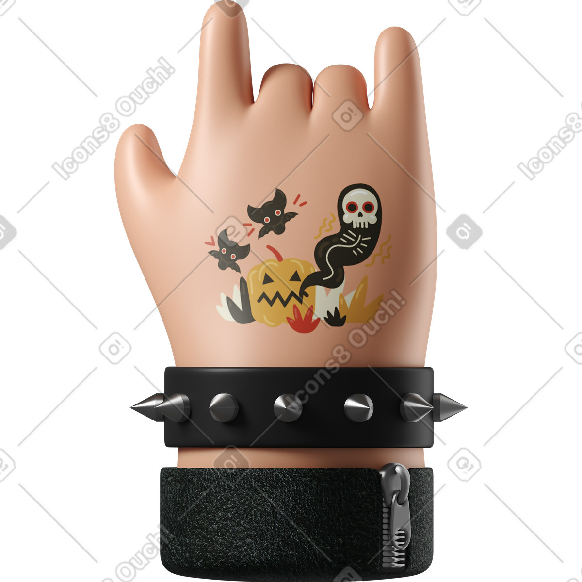 Ilustración Mano de piel blanca rockero con un tatuaje que muestra el signo rock en estilo 3D Hands Fun&Wild a descargar en PNG y SVG