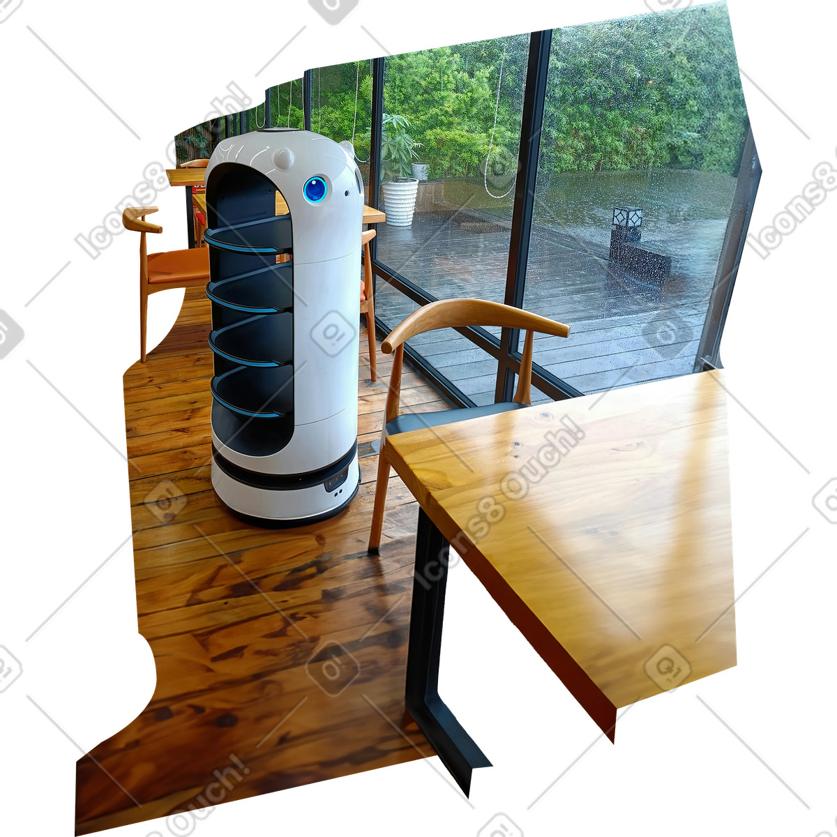Hintergrund mit einem café und roboterkellner-Illustration im Everyday-Stil als Download in PNG, SVG