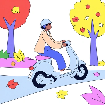 A rider enjoying a leisurely ride on an electric moped through a leaf-covered path