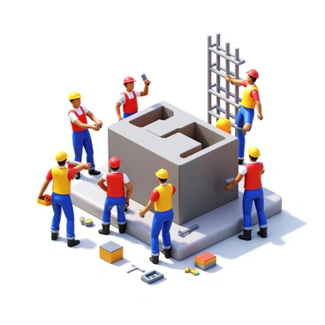 A construction site bustling with activity, featuring diverse individuals of all genders working together. There are several workers wearing hard hats and safety vests, collaborating on building a structure. Some are using power tools, while others are lifting materials. A scaffolding is visible in the background, illustrating the height of the project. Tools and construction equipment are scattered around the site, emphasizing the industrious environment. The sun is shining brightly, casting shadows that highlight the teamwork and effort of the workers.
