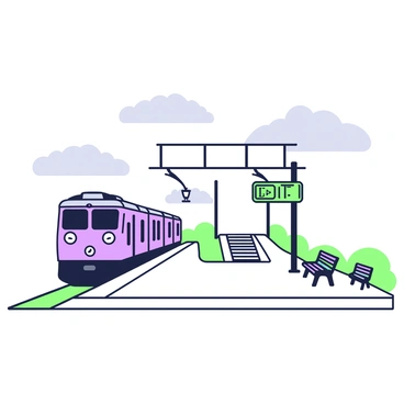 An empty train platform is depicted under a cloudy sky. The platform is made of concrete, with metal benches lined along its edges. A single train is waiting on the tracks, featuring multiple carriages and a distinct front locomotive. The train is positioned on the left side of the image, casting a slight shadow on the platform. Overhead, the sky is filled with grey clouds, creating a moody atmosphere. The distant end of the platform leads to a set of stairs that descend to the ground level, while signs indicating train schedules hang above.