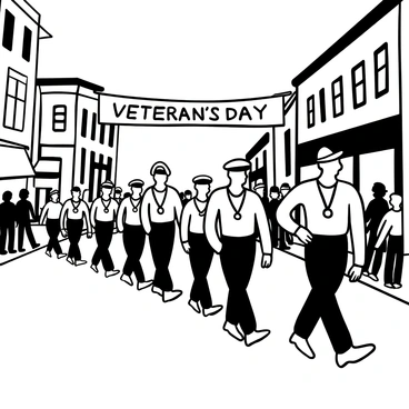 A line of veterans in military uniforms marching in unison down a city street. The veterans are carrying flags and medals, while proudly displaying their uniforms. Spectators are lined along the sides of the street, some waving small flags. Buildings and storefronts are visible in the background, contributing to the urban atmosphere of the parade. Banners with the words "Veterans Day Parade" are hung across the street.