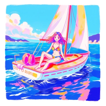 An anime girl is sitting on a sailboat, wearing a colorful bikini. Her long, flowing hair is blowing in the wind, creating a sense of movement. She has bright, expressive eyes and a cheerful smile, enjoying the ride on the clear blue water. The boat is surrounded by gentle waves reflecting sunlight. In the background, a clear sky with a few fluffy clouds complements the vibrant scene. There are small details like a life jacket resting beside her and a towel draped over the side of the boat.