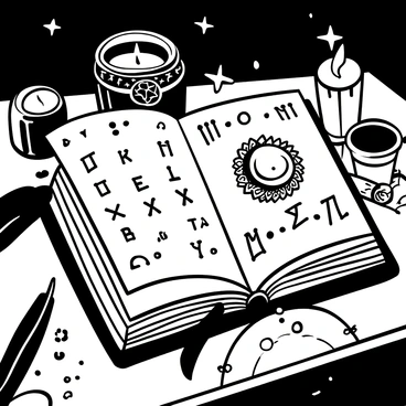 An open grimoire with intricate vintage illustrations on its pages is positioned on a dusty desk. The pages are adorned with glowing runes that emit a soft light. Surrounding the grimoire are scattered quills, ink pots, and aged parchment, enhancing the scholarly atmosphere. A flickering candle casts shadows across the desk, adding to the mystical ambiance.