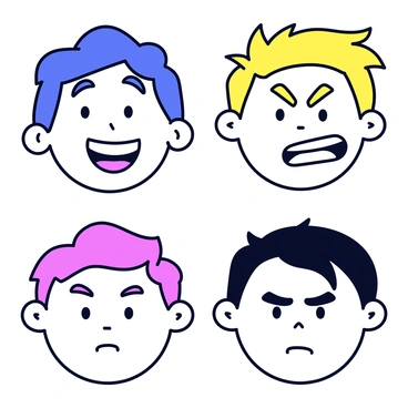 A series of four comic-style faces, each displaying a different exaggerated emotion. The first face shows "joy," with a wide, open-mouthed smile, bright eyes, and raised eyebrows. The second face exhibits "anger," featuring furrowed brows, clenched teeth, and flaring nostrils. The third face reflects "surprise," characterized by wide eyes and raised eyebrows, with an open mouth. The last face demonstrates "sadness," with downturned lips, drooping eyes, and a furrowed brow. Each face is outlined in black and filled with vibrant colors for emphasis.