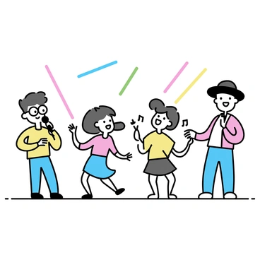 A group of cartoon characters standing on a stage, each character displaying unique features. One character with large round glasses is singing into a microphone, while a cheerful character with a big smile and colorful clothes is dancing nearby. Another character, wearing a hat and holding maracas, is positioned to the side, adding rhythm to the performance. Colorful spotlights shine down on the stage, highlighting the characters as they engage in their lively performance.