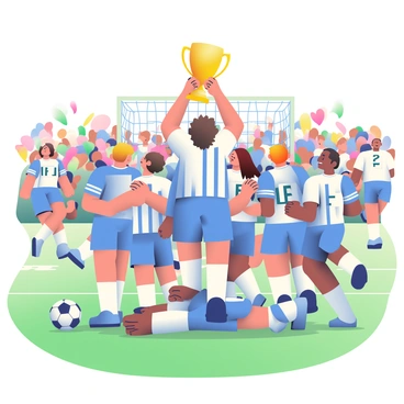 A soccer team is gathered on a green field, celebrating their victory. Players are wearing blue and white uniforms, with some holding a large gold championship cup high above their heads. Their faces display a mix of joy and excitement. In the background, a vibrant crowd is cheering, with colorful banners waving. Some players are hugging each other, while others are jumping in celebration. A soccer ball lies on the grass nearby, and the goalposts are faintly visible in the distance. Bright sunlight casts soft shadows on the field, enhancing the lively atmosphere of the moment.