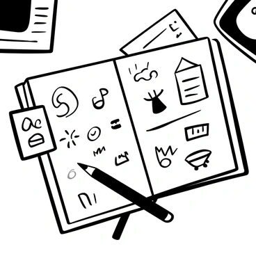 A sketchbook opened on a flat surface, displaying various random doodles scattered across the pages. Some doodles include abstract shapes and whimsical characters. Notes written in a hurried style are interspersed among the drawings, showcasing ideas and thoughts captured during the brainstorming session. A pencil lies next to the sketchbook, with a few loose sheets of paper featuring additional doodles and diagrams resting nearby. The background features a blurred out workspace with slight textures to suggest a creative environment.