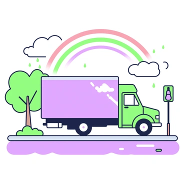 A moving truck is driving down a rain-washed street. The truck is large and boxy, with a visible logo on its side. The street is glistening from the rain, reflecting the surroundings. Above the street, a vibrant rainbow arches across the sky, its colors clear and distinct. Surrounding the street, there are trees with glistening leaves and puddles forming on the ground. The cloudy sky hints at recent rainfall, creating a sense of freshness in the atmosphere.