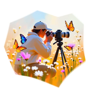 A photographer with medium skin tone is crouched in a sunny field, focused on capturing close-up shots of vibrant butterflies. The butterflies display an array of colors, including bright orange, deep blue, and yellow with intricate patterns on their wings. The photographer holds a high-quality camera with a long lens, aiming to capture the delicate textures of the butterflies as they rest on various flowers. The background features softly blurred wildflowers swaying gently in the breeze, and the warm sunlight casts a golden hue over the scene.