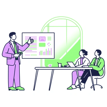 An entrepreneur is standing at the front of a conference room, presenting a business proposal to a group of investors seated at a long table. The entrepreneur is wearing a tailored suit and has a confident posture. In their right hand, they are holding a remote control for a presentation, while their left hand is gesturing toward a large screen displaying key points of the proposal. The screen features bullet points and charts that illustrate the business plan. The investors are attentively listening, with a mix of expressions on their faces, including interest and contemplation. The room is equipped with modern furniture and a large window, allowing natural light to illuminate the scene.