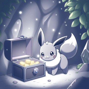 A small, fluffy Eevee is standing in a dimly-lit mystical cave. The cave walls are adorned with glistening crystals that reflect light in various directions. In front of the Eevee, there is an ornate treasure chest that is slightly open, revealing a glimpse of sparkling jewels and golden coins inside. The Eevee has wide eyes, filled with curiosity, as it leans forward slightly, sniffing the air around the chest. Lush, green vines drape from the rocky ceiling, adding to the enchanting atmosphere of the cave. Small, glowing orbs float gently in the air, illuminating the scene with a soft glow.