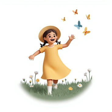 A little girl, wearing a bright yellow sundress and a wide-brimmed straw hat, is running joyfully through a lush green meadow. Her hair is tied in two loose braids that bounce as she moves. She is reaching out with both hands towards colorful butterflies fluttering around her. The butterflies, in shades of blue, orange, and yellow, are soaring just above the wildflowers that dot the meadow. The sunlight casts a warm glow, illuminating the scene as the girl laughs, her cheeks flushed with excitement.