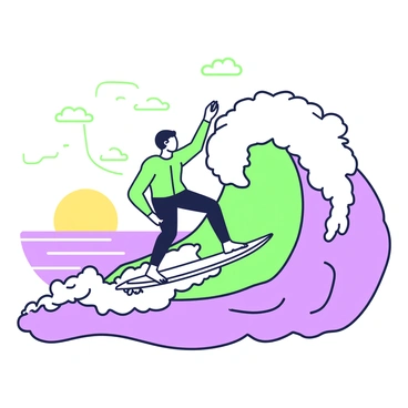 A surfer is riding a large wave, deftly balancing on a sleek surfboard. The wave is towering, curling with foamy white tips around the surfer's feet. In the background, the horizon shows a sun setting, casting a warm glow. The sky is filled with wispy clouds, which reflect light from the sun. The ocean water is rippling, creating a sense of movement around the surfer. The surfer is wearing a wetsuit and appears focused and determined as they navigate the wave's crest.