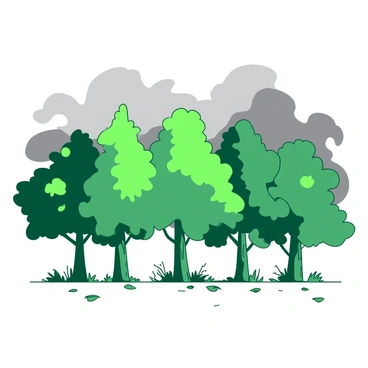 A row of vibrant green trees stands tall, their leaves lush and full, creating a striking contrast against a backdrop of a gray polluted sky. The sky is filled with various shades of gray, reflecting the heaviness of pollution. The trees are well-defined, with strong trunks and a variety of shapes, their branches extending outward. The ground below is slightly uneven, scattered with fallen leaves and twigs, enhancing the natural setting of the trees against the dreary sky.