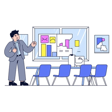A man wearing a tailored gray suit stands at the front of a modern office meeting room. He holds a remote control in one hand and gestures towards a large presentation screen displaying colorful graphs and charts. His expression is focused and confident, and he has short, neatly combed hair. The room features a large conference table with several empty chairs around it. Large windows allow natural light to fill the space, and minimalist artwork decorates the walls.