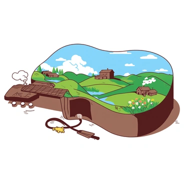 An acoustic guitar is lying on a wooden surface, its body filled with a vibrant depiction of a scenic countryside view. The guitar showcases rolling green hills under a bright blue sky scattered with fluffy white clouds. Gentle streams run through the landscape, and small clusters of colorful wildflowers dot the foreground. In the distance, there are a few rustic farmhouses with smoke curling from their chimneys, completing the idyllic scene captured within the guitar's curves.