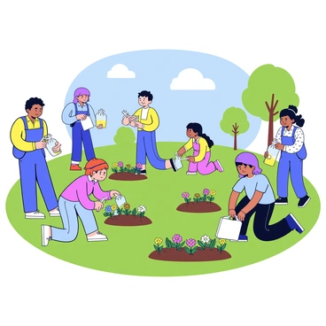 A group of families and volunteers is gathered in a local park. Several adults and children are actively picking up trash, using gloves and trash bags. Nearby, some individuals are kneeling on the ground and planting colorful flowers in prepared patches of soil. The park features green grass, a few trees in the background, and a bright blue sky overhead. The scene reflects a sense of community and teamwork.