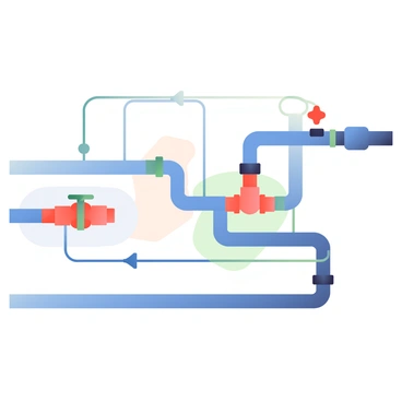 A detailed diagram of a hydraulic system is displayed prominently. It features a network of pipes, which are colored blue, visibly directing the flow of fluid. Valves in the system are highlighted in red, indicating points of control and direction change. Arrows are superimposed over the pipes to illustrate the movement of fluid, with some arrows pointing towards the valves and others indicating the flow leading to different sections of the system. The background is a subtle gradient to enhance clarity and focus on the hydraulic components.