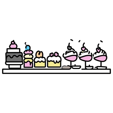 A dessert station in a cafeteria featuring a long table. The table is adorned with a variety of cakes, including a chocolate cake with rich frosting, a vanilla sponge cake with strawberries on top, and a colorful layered cake. Next to the cakes, an assortment of pastries is displayed, including croissants, éclairs, and danishes. There is also an ice cream station with several tubs of different flavors, such as chocolate, vanilla, and strawberry, accompanied by colorful toppings like sprinkles and chocolate syrup. A few dessert plates are placed beside the station for patrons to serve themselves.