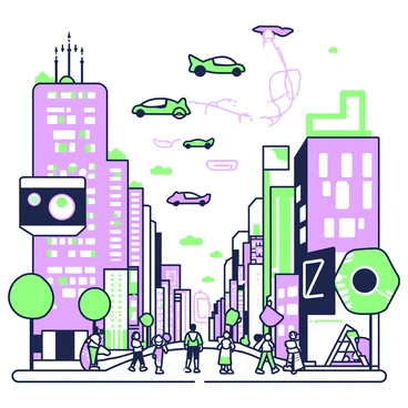 A bustling cityscape filled with towering buildings reaching towards the sky. In between these structures, a multitude of flying cars zips through the air, leaving faint trails behind them. The cars vary in design, with some featuring sleek, aerodynamic shapes, while others are more boxy. Below, the streets are filled with pedestrians walking on sidewalks, and small vendors set up stalls. Bright lights and electronic billboards adorn the sides of the buildings, creating a vibrant atmosphere. The skyline is dotted with antennas and rooftop gardens on some of the buildings.