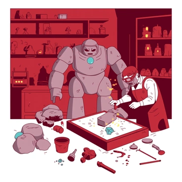 A red workshop filled with various tools and materials for crafting golems. In the center, a large stone golem is being assembled, with chunks of gray stone and metal parts scattered around. Sparks fly as a craftsman, wearing protective goggles, hammers a glowing blue crystal into the golem's chest. In the background, smaller golems, made of clay and wood, are animated and moving about, helping with the crafting process. The walls of the workshop are lined with shelves holding various golem components and glowing runes.