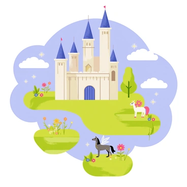 A large castle with tall, pointed towers and intricate stonework floats among fluffy white clouds in a bright blue sky. Surrounding the castle are lush green gardens, with colorful flowers and vibrant plants growing on platforms that hover in the air. Various magical creatures, such as a tiny dragon with shimmering scales and a pair of wings, flit around the gardens. A unicorn with a sparkling horn stands gracefully on one of the floating platforms, while fairies with delicate wings hover nearby, their sparkling dust trailing behind them.