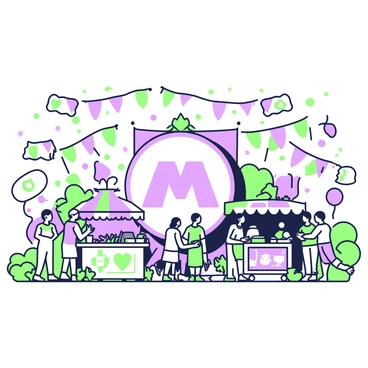 A lively festival scene filled with colorful banners fluttering in the breeze. The banners display various patterns and designs, creating a festive atmosphere. In the center, there is a large, eye-catching logo from a brand, prominently featured and surrounded by a crowd of people admiring it. Some festival attendees are interacting with food stalls nearby, and others are engaged in conversations, adding to the dynamic ambiance. The ground is covered with vibrant decorations, enhancing the celebratory mood of the scene.