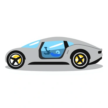 A sleek futuristic car with a streamlined design and smooth curves. The car features transparent doors that allow visibility into the interior mechanisms, showcasing intricate internal cogs and gears. The exterior has a metallic finish that reflects light, and the wheels are uniquely designed with a futuristic touch. The car is parked on a clean surface, emphasizing its modern aesthetic.