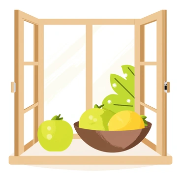 A cozy cottage window with wooden frames, slightly open, allowing a gentle breeze to flow through. A round bowl of ripe "grusha" sits on the sill, showcasing its vibrant shades of green and yellow. Soft afternoon light filters through the glass, casting warm, golden rays onto the bowl and creating delicate shadows on the sill. Lush greenery can be seen outside the window, adding a touch of nature to the scene.