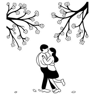 A couple sharing a kiss under a canopy of cherry blossoms