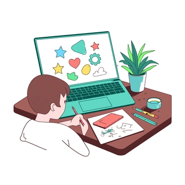 A teal laptop is open on a wooden desk. The screen displays a collection of unique icons in various shapes and colors, including a yellow star, a red heart, and a blue gear. A designer, with short brown hair, is sitting in front of the laptop, sketching designs on a white notepad. Various colorful markers are scattered around the desk, adding to the vibrant atmosphere of the workspace. A small potted plant with green leaves sits in the corner of the desk, bringing life to the scene.