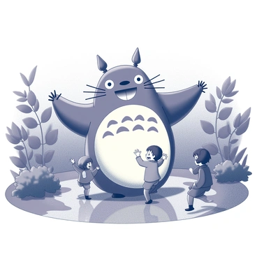 A large, friendly creature resembling a Totoro in a rain-soaked garden. The creature is joyfully playing with two children, who are laughing and chasing each other around. The garden is filled with an abundance of lush greenery, including large leaves and various plants. The ground is wet, with puddles reflecting the surroundings. The children are wearing raincoats and splashing through the puddles, while the Totoro lifts its arms playfully. The atmosphere conveys a sense of fun and wonder.